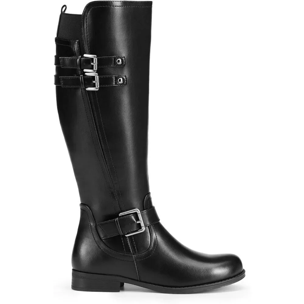 🆕Womens Faux Leather Black Knee High Buckle Chunky Heel Flat Riding Pirate Boot